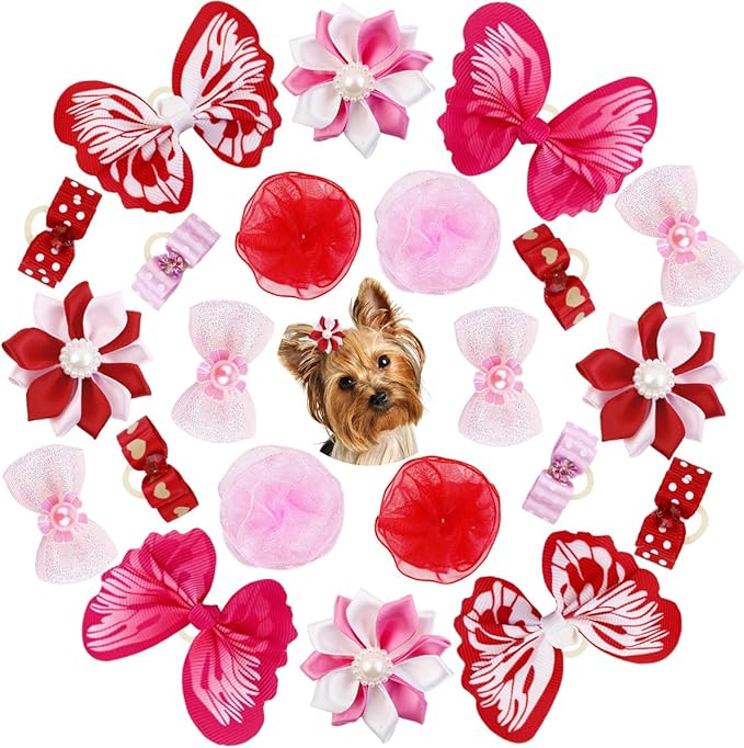 22 Pieces Cute Dog Hair Bows with Elastic Rubber Bands, Small Puppy Hair Accessories with Butterfly Flower Pearls Double Bow for Pets Dogs Cats Hair Grooming for Valentine's Day New Year(Red and Pink)