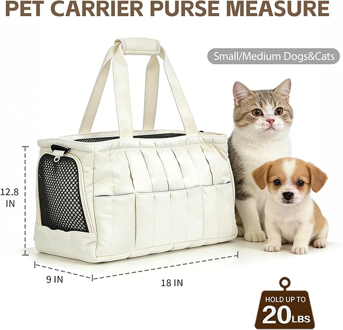 Dog Purse Carrier for Small Dogs, Small Cat Purse Carrier Soft with Large Pocket, Portable Pet Carrier Tote Bag with Safe Leash (White)