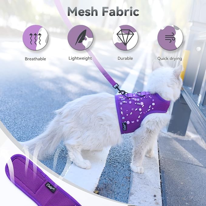 Cat Harness and Leash for Walking Escape Proof Breathable Mesh Fabric, Purple, Extra Large, Adjustable Cat Walking Jackets with DIY Beads, Padded Stylish Cat Vest