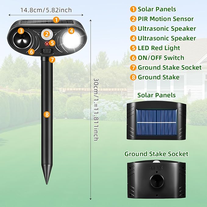 2026 Upgraded Solar Ultrasonic Animal Repellent Deer Cat Squirrel Deterrent Devices Motion Activated with LED Strobe Light Repeller Keep Dog Raccoon Skunk Rabbit Away from Yard Garden Farm 4 Pack