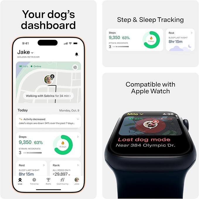 New Fi Series 3+ Smart Dog Tracker Collar [6 Month Membership Included] GPS Tracker for Dogs with Health & Behavior Monitoring, Escape Alerts, Waterproof, LED, Apple Watch Compatible (Gray, Large)