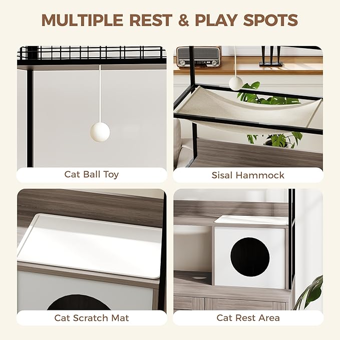Cat Litter Box Enclosures with Storage Rack, Enclosed Litter Box Furniture, Hammock, Sisal Balls and Cat Scratching Mat