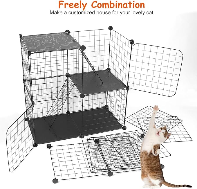 Large 3-Tier Cat Cage, Indoor Cat Enclosures Pliable DIY Cat Playpen, Detachable Metal Wire Kennels Cat Crate Box House with 3 Doors 2 Ramp Ladders for 1-2 Cats, 28.2"L x 14.0"W x 42.1"H,Black