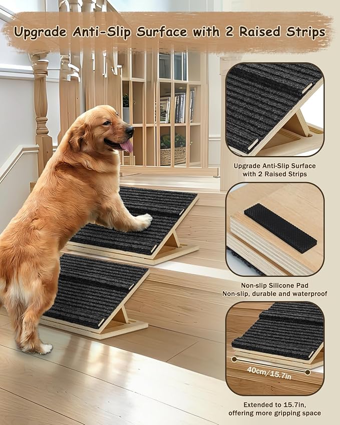 Foldable Wooden Dog Ramp for Stairs, Upgraded Non-Slip Dog ramps, 2 Packs for Small or Medium Dogs and Cats， Step and Stair for Injured and Elderly Pets（No Installation Required）