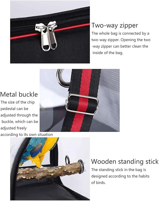qiuqiu Bird Carrier Bag, Multifunctional, for Pets, Parrots, Cage, Light, Portable, with Shoulder Strap, Breathable, Double Zipper, Outdoor, Camping, Transparent-Red