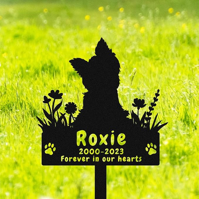 Personalized Yorkshire Terrier Dog Memorial Stake Grave Marker, Custom Dog Yorkshire Terrier Memorial Grave Marker Garden Stake, Metal Flowers Dog Memorial Yard Garden Sign with Stake