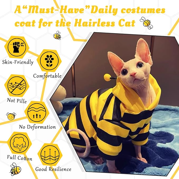 QBLEEV Sphynx Cat Clothes Honeybee, Cat Costumes for Cats Only, Hairless Cat Sweaters Warm Kitten Pullover Shirt, Cat's Pajamas Jumpsuit Apparel, Cat Outfits for Male Female Cats