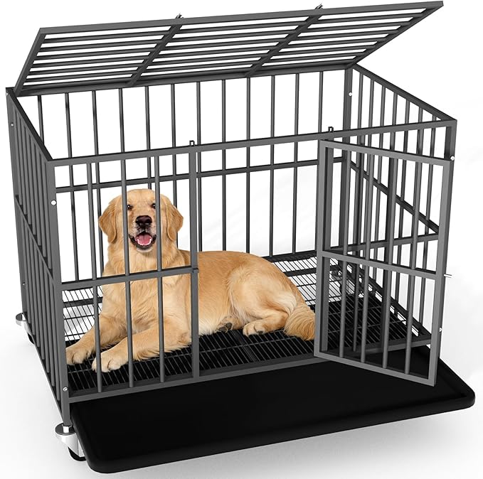 42 inch Heavy Duty Dog Crate with Dual Doors and Lockable Wheels, Large Dog Kennel Indoor, Removable Tray for Easy Cleaning, Dog Cage for Medium to Large Breeds and Anxious Dogs