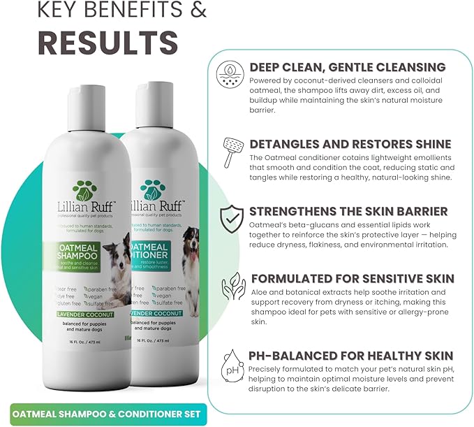 Lillian Ruff Starter Pack Gift Set for Dogs | Oatmeal Shampoo, Oatmeal Conditioner, Waterless Shampoo Citrus, Ear Cleaner & Otic Wax Solvent, Breath Spray, Leash Clip Waste Bag Dispenser with 15 Bags