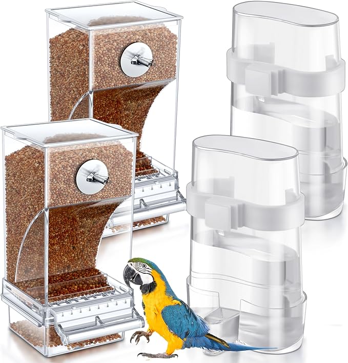 Yaomiao 4 Pcs No Mess Small Bird Feeders Automatic Parakeet Water Dispenser Clear Quail Feeder and Watered Cage Accessories for Small and Medium Parakeet Cockatiel Canary(Assorted,Transparent)