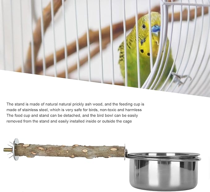Wood Bird Perch with Bird Feeding Cups, Stainless Steel Parrot Food Water Bowls Dish Feeder for Cockatiel Conure Budgies Parakeet Feeding & Watering Supplies[L]