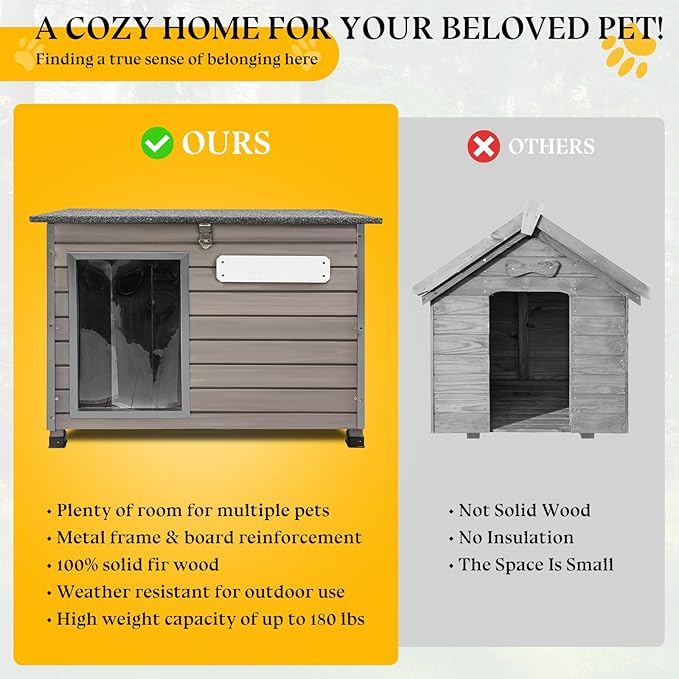 Dog House Outdoor,Chew-Proof Iron Frame Dog Kennel Weatherproof Natural Fir Wood Dog Houses with Removable Floors,Easy Assembly (34" L X 22" W X 25" H)