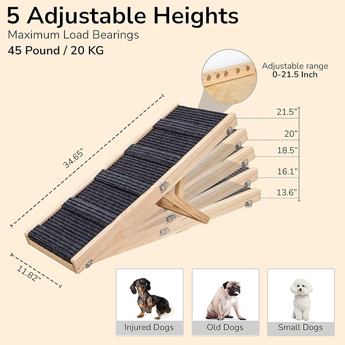 Upgraded 2026 Adjustable Dog Ramp 34.65" Foldable Pet Ramp with 5 Heights 13.6–21.5", Non-Slip Carpet & Leather Handle – Ramp for Bed, Couch & Sofa