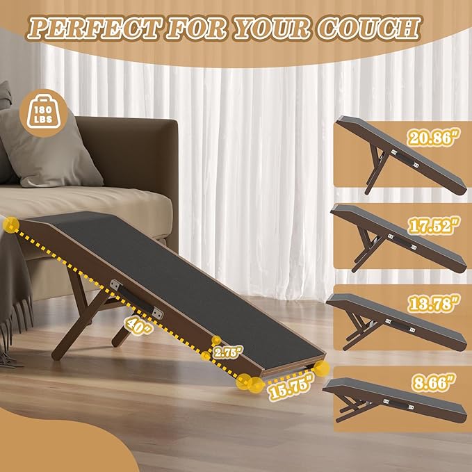 Dog Ramp for Couch - 4-Level Adjustable (8.6"-20.9") & Wider Foldable Pet Ramp for Small Dogs, Non-Slip EVA Mat with Glow Strips, Solid Birchwood Supports 200Lbs
