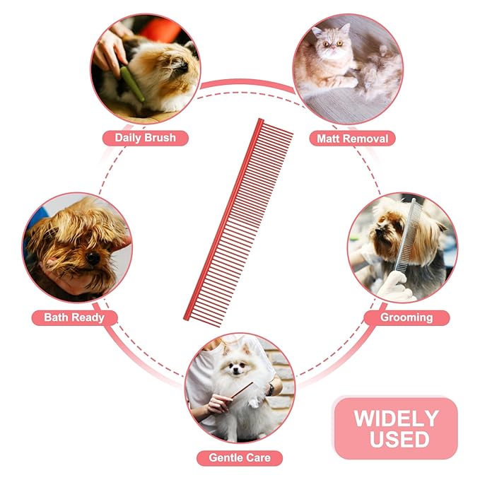 Dog Cat Comb, Pet Combs Stainless Steel Teeth with Rounded Ends for Knots Mats Loose Hair Removal, 7.5IN (Red Coated, 3 Pack), Grooming Tool Intended for Long Curly Hair Pet