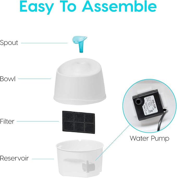 IRIS USA Cat Water Fountain, 44oz / 1.3L, Kitty Spout, Dog Fountain Water Bowl, Silent and Replaceable Charcoal Filter, White/Blue