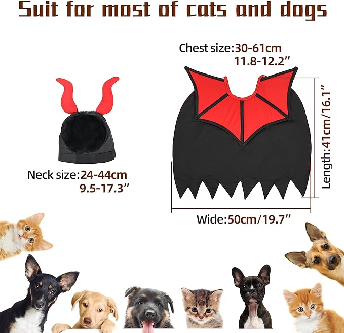Huafly Cat Costume,Dog Halloween Costumes, Adjustable Vampire Costume with Devil Horns, Comfortable Halloween Costumes for Dogs Cats