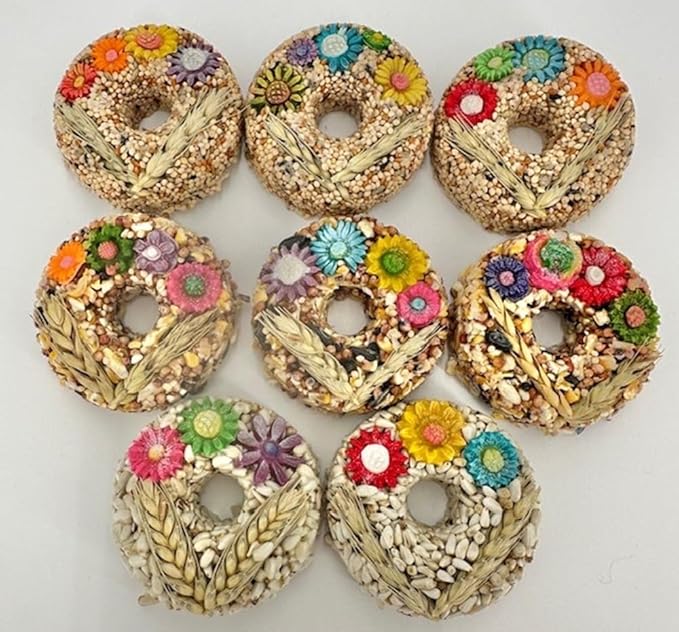 8-Pack Hanging Bird Seed Ornaments w/ 100% Edible Flowers & Wheat Stalks, Circle Shape, 3 Seed Blends Included, 100% Edible (Safe for Bird Consumption)