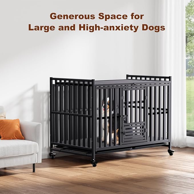 Heavy Duty Dog Crate, Reinforced Thickened Steel Frame Indestructible Kennel for Large & High Anxiety Dogs, Escape Proof Design with 3 Doors, 4 Lockable Wheels and 2 Removable Trays (48inch)