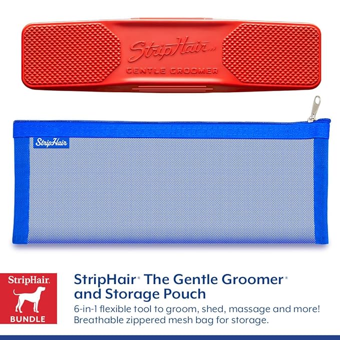 StripHair DOG Grooming Kit 8-piece: The Gentle Groomer 6-in-1 Shedding Coat Shine Massage and Pet Hair Remover Tool, Storage Pouch, 2 Packs Bamboo Wipes, 2 Coat Cleaners, Dog Bowl, Tote Bag