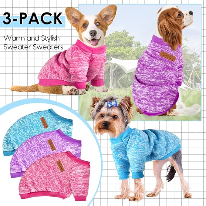 3 Pack Dog Sweaters for Small Dogs Girl Boy Winter Fleece Clothes Warm Soft Dog Sweatshirt Outfit for Dogs Cats Pet Apparel (Rose+Light Blue+Purple, X-Large)