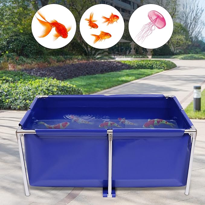 Canvas Fish Pond Aquarium Fish Water Tank, Koi Breeding Pond with Metal Frame and Drain Valve,Blue Cuboid Ornamental Swimming Pool Foldable Water Storage Above Ground Pond for Home