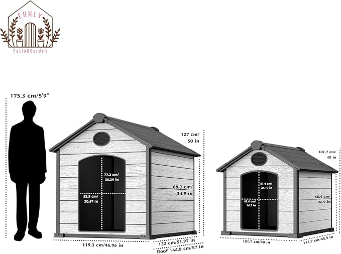 EHHLY 57" Extra Large Dog House Outdoor Weatherproof, 5XL Big Dog House for Large Dog Outside, Insulated Igloo Pet House with Elevated Floor, Extra Durable Resin Plastic, 57Lx47Wx50H, Cemented Grey