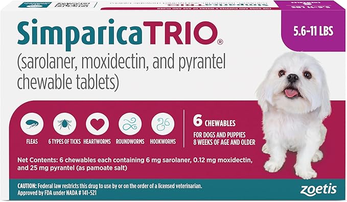 Simparica Trio (sarolaner, moxidectin, and pyrantel chewable Tablets) Chewables for Dogs, 6 mg/tab, 5.6-11 lbs, (Purple), 6 Tablets