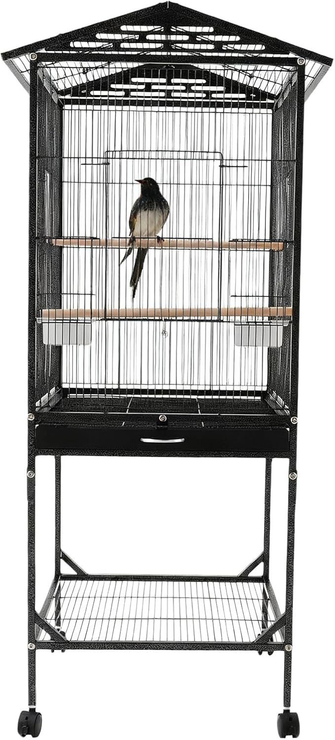 Bird Cage with Wheels, Breeding Cage Wrought Iron Flight Cage with Wooden Stand, Removable Tray & Feeding Bowls for Parrots, Canaries, Lovebirds Finches, 18" L x 18" W x 54" H