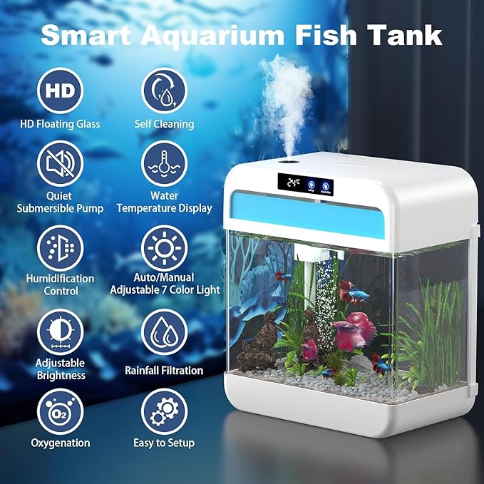 Fish Tank 2.2 Gallon Fish Bowl with Humidifier 7 Color Auto-Looping Light Aquarium Tank with 3 in 1 Silent Pump with Filteration & Oxygenation & Circulation(White-2.2 Gallon)