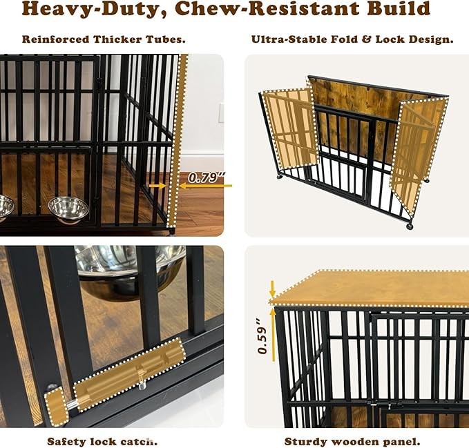 48" Dog Crate Furniture Foldable, Large Dog Kennel Furniture with Swing-Out Bowl & Dual Base Sets (Feet+Wheel), No Assembly Foldable Dog Crate Furniture, End Table for Large Dogs, Rustic Brown