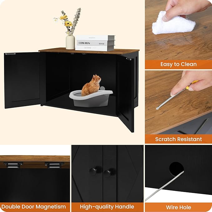 Dwanton Litter Box Enclosure, Cat Litter Box Furniture Hidden, Reversible Entrance Can Be on Left or Right Side, Wooden Cat Washroom Indoor, Black and Warm Brown, 27.6 Inches
