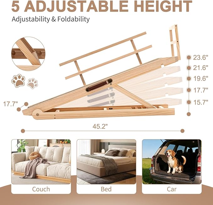 SLSY Dog Ramp for Bed, Couch & SUV, Upgraded Folding Adjustable Pet Ramp with Non-Slip Rubber Mat, 45.2" Long, 5 Heights 15.7''–23.6", Portable Wooden Step Supports up to 200 lbs for Pet(Natural)