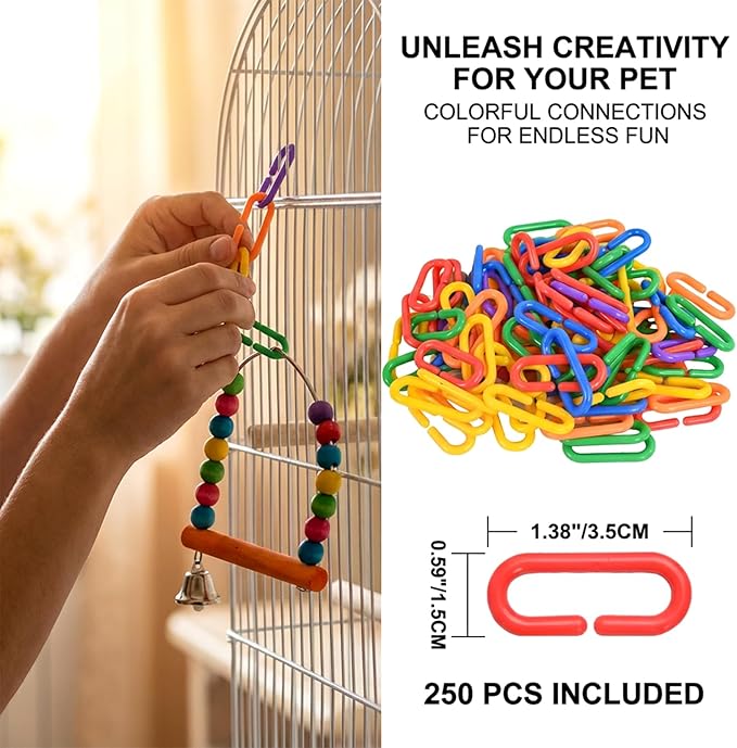 Sukh 250pcs Plastic C Clips Hooks Chain Links - Interchangeable Rainbow C-Links for Pet Parrot Parakeets Rat Sugar Glider Small Bird Cage Toys, Children Learning Supplies.