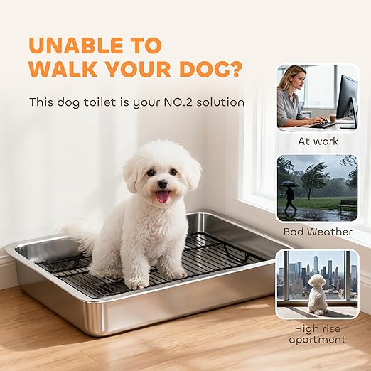 PawHut Dog Potty Tray Stainless Steel, Puppy Training Tray for Small and Medium Breeds, Indoor Dog Pee Pad Holder with Elevated Grid, Easy to Clean, for Porch, Bathroom, Balcony, 28" x 20" x 4"
