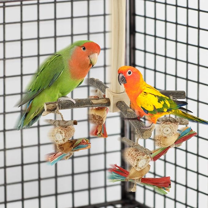 Agape Rotating Parrot Perch Toy with Chew Toy - Natural Wooden Perch Stand, 360° Rotatable Parrot Exercise Standing Perch, Bird Cage Accessories for Small and Medium Sized Birds (String Bite Style)