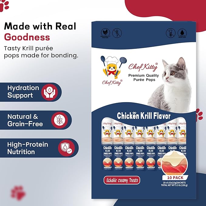 Cat Treats Lickable | Grain-Free Cat Food Toppers, High Protein | Creamy Puree Squeeze Ups with Vitamin E & Taurine, Digestible Formula | 0.5 oz. Each Tube, Chicken with Krill Recipe | 10 Tubes