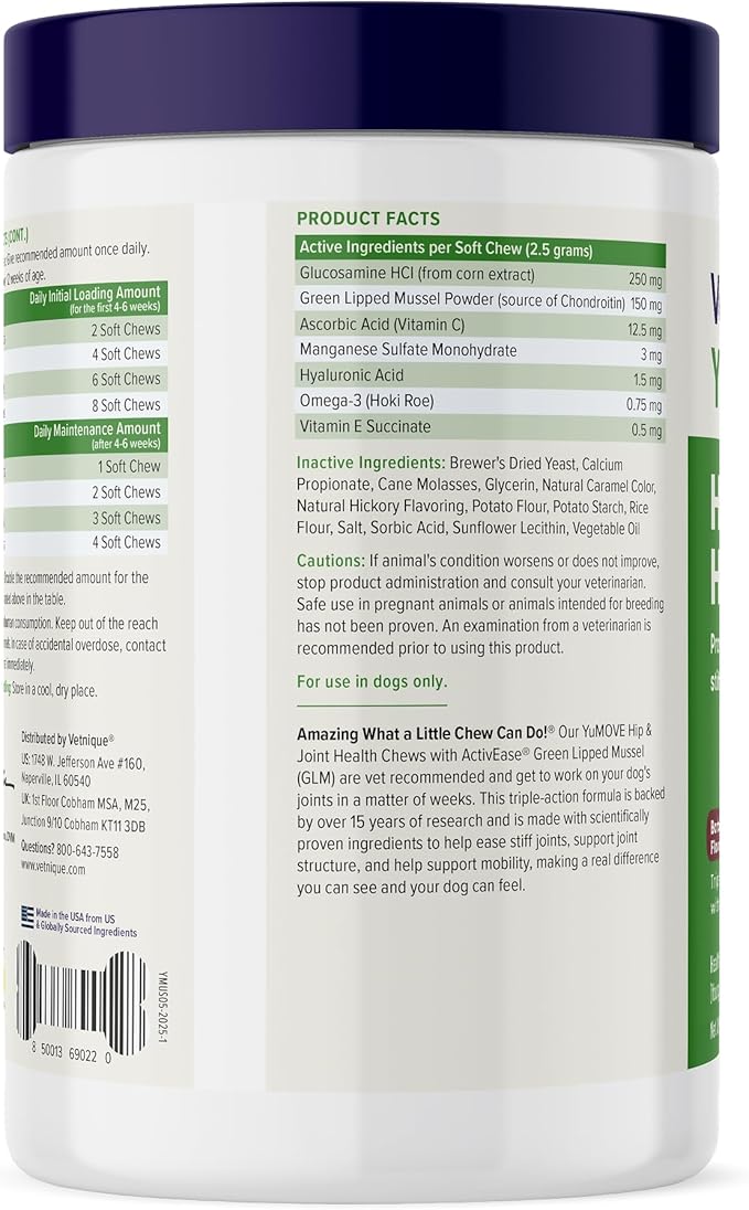 YuMOVE Dog Joint Supplement, Hip and Joint Supplement for Dogs with Glucosamine for Dogs, Hyaluronic Acid, Green Lipped Mussel and Omega 3, Dog Hip and Joint Aches and Stiffness (300 Soft Chews)
