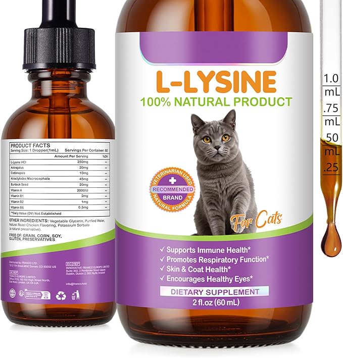 L-Lysine Drops for Cats, Lysine Supplement for Cats, Support Immune System, Respiratory Health & Eyes Function, Skin & Coat Health, Pets Health Supplies Cat Multivitamins, Chicken Flavor - 2 fl.oz