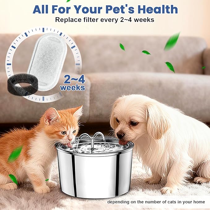 Cat Water Fountain Filter, 4 Pcs Cat Filters Replacement Pet Water Fountain Filters with 4 Pcs Sponges Foam for 67oz/2L & 108oz/3.2L Stainless Steel Automatic Cat Water Fountain Dispenser Filters