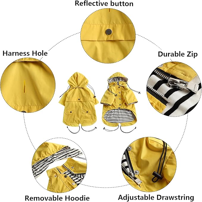 Morezi Dog Zip Up Raincoat with Reflective Buttons, Rain/Water Resistant, Adjustable Drawstring, Removable Hood, Raincoats with Legs 8lbs to 80lbs Available - Yellow - XS