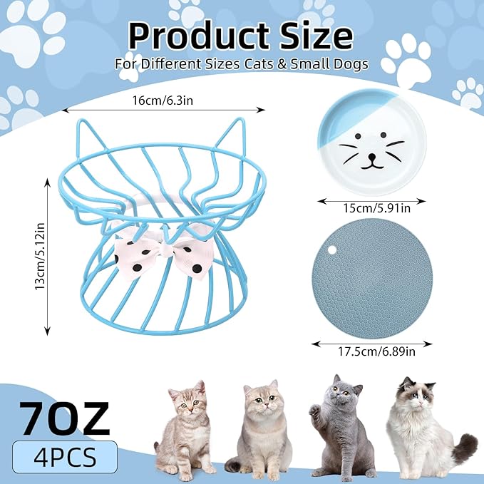 4 Pcs Elevated Pet Food Bowls, Ceramic Cat Plate with Stand Raised Cat Bowl for Indoor Pet, Food and Water Dishes Puppies, with Non-Slip Mat, Whisker Friendly, Dishwasher Safe