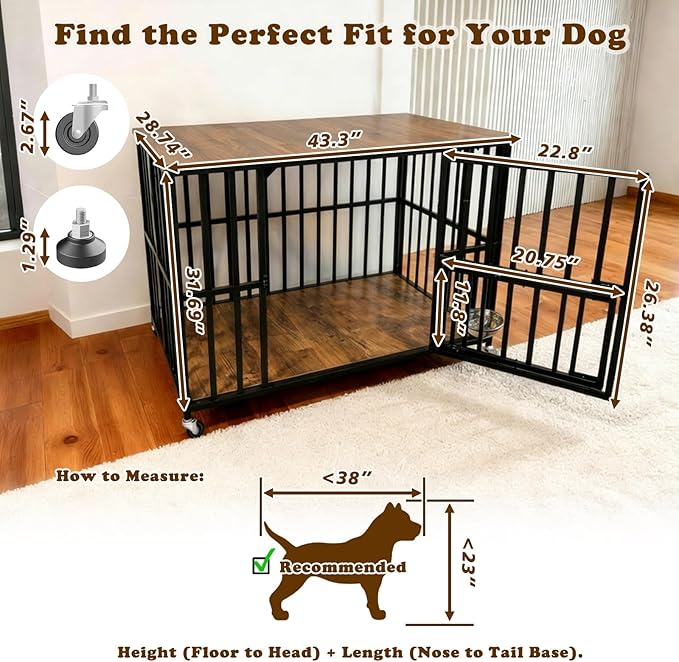 43" Dog Crate Furniture Foldable, Large Dog Kennel Furniture with Swing-Out Bowl & Dual Base Sets (Feet+Wheel), No Assembly Foldable Dog Crate Furniture, End Table for Large Dogs, Rustic Brown