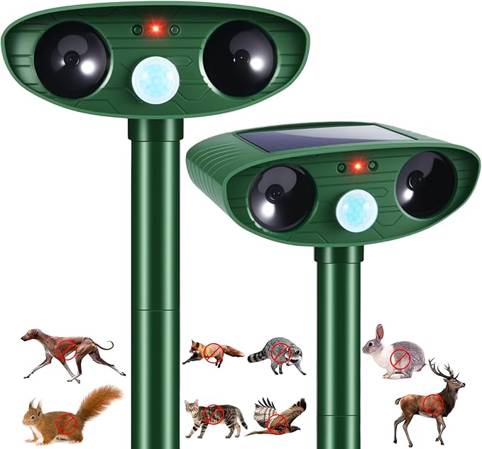 Upgraded Solar Ultrasonic Animal Repellent Outdoor Motion Activated Cat Deer Repellent for Yard Garden, 2 Pack Raccoon Opossum Dog Deterrent Effective Sqiuirrel Rabbit Skunk Repeller