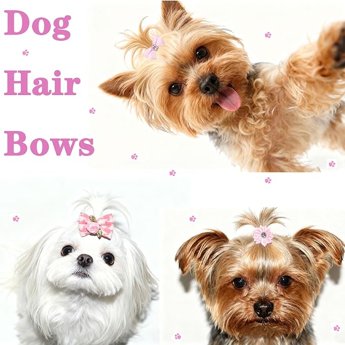 Dog Hair Bows, 20 Pack Pink Pet Accessories with Rhinestones and Pearls, Decorative Grooming Bows for Small to Medium Dogs