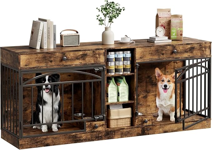 GAOMON Dog Crate Furniture for 2 Dogs, 78.7'' Large Dog Kennel Indoor with 2 Storage Drawers, 3 Shelves and Feeding Bowls, Double Dog Crate TV Stand for Small and Medium Dogs, Brown