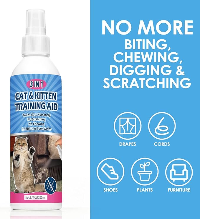 Natural Cat Deterrent Spray, 8.45 FL Oz Cat Repellent Indoor for Cat and Kitten, Anti-Scratch Cat Training Spray for Furniture, Curtain, Floor & Plant, Indoor & Outdoor Use