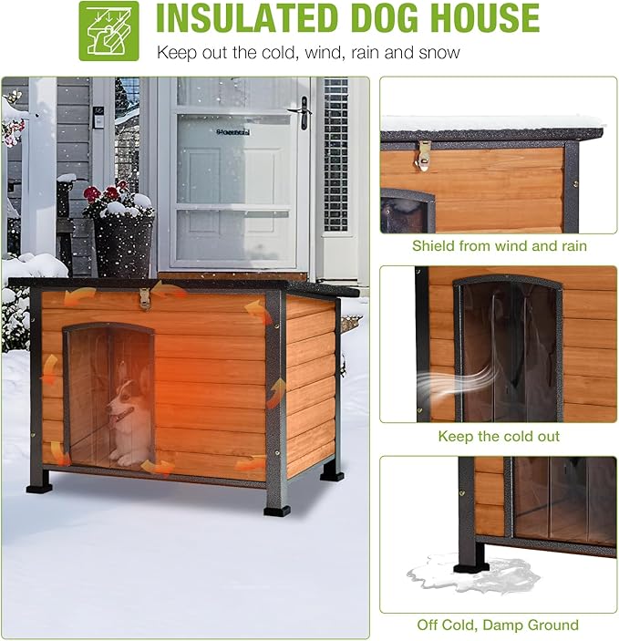 GUTINNEEN Chew Proof Dog House with Metal Iron Frame Outdoor Dog Kennel for Small Medium Large Indoor Dog Cage (33.5" L,Brown Color)