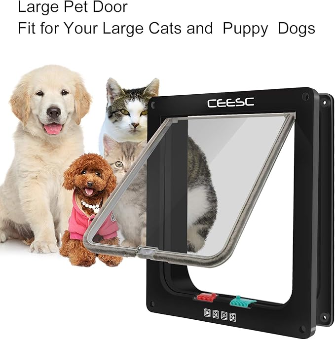 CEESC Extra Large Cat Door (Outer Size 11" x 9.8"), 4 Way Locking Large Cat Door for Interior Exterior Doors, Weatherproof Pet Door for Cats & Doggie with Circumference < 24.8" (Black)