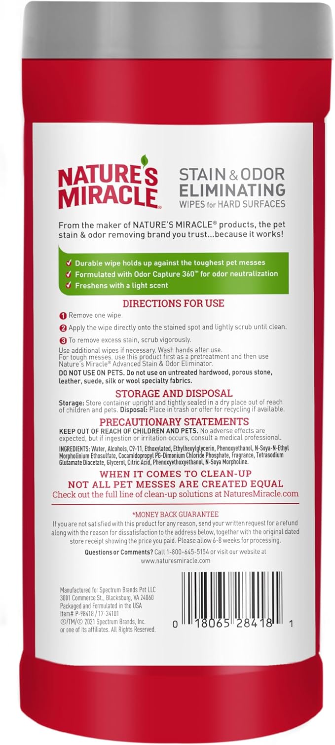 Nature’s Miracle Advanced Stain And Odor Eliminating Wipes for Hard Surfaces, 30 Count, Enzymatic Formula Eliminates Tough Pet Messes